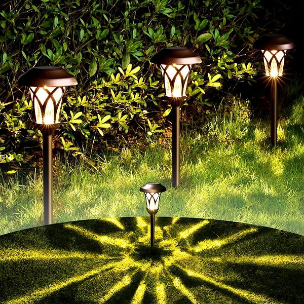 GIGALUMI 6 PACK SOLAR PATHWAY LIGHTS OUTDOOR, METAL GLASS & ABS SOLAR LANDSCAPE LIGHTS WATERPROOF IP65, WARM WHITE SOLAR POWERED GARDEN LIGHTS FOR YARD PATIO WALKWAY DRIVEWAY (BROWN)