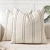 AELS 18x18 Decorative Farmhouse Linen Blend Throw Pillow Covers, Boho Textured Pillow Case, Set of 2, Beige with White & Black Stitch Yarn Dyed Stripe Cushion Cover for Sofa Living Room (Cover O