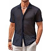 Runcati Mens Button Down Knit Shirt Short Sleeve Crochet Shirts Casual Hollow Out Summer Beach Vacation Tops