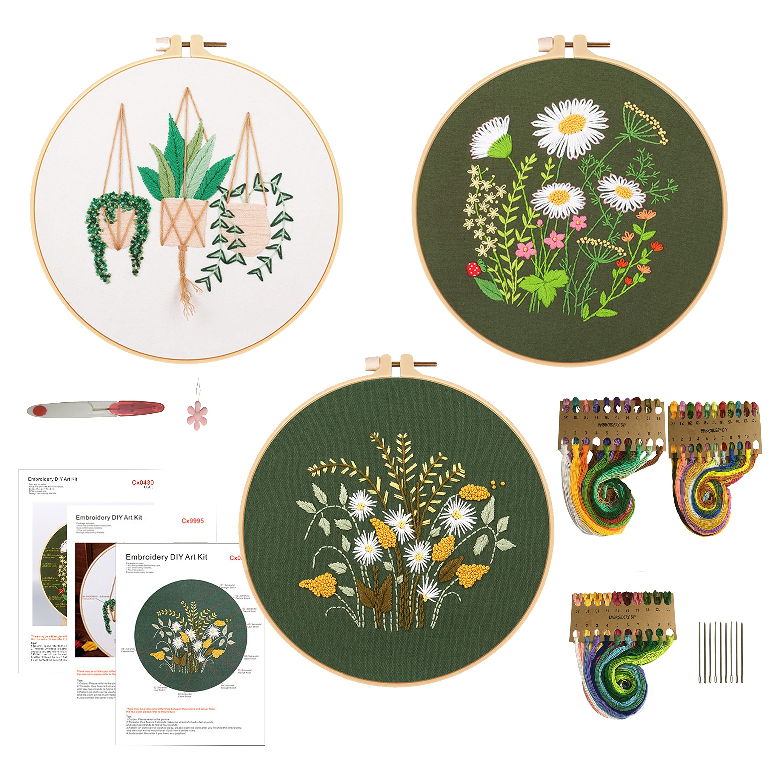 NCTCITY 3 Pack Embroidery Starter Kit with Instructions, Cross Stitch Kit, Full Range of Stamped Embroidery Kit Including Embroidery Cloth with Pattern, Embroidery Hoops, Color Threads and Tools