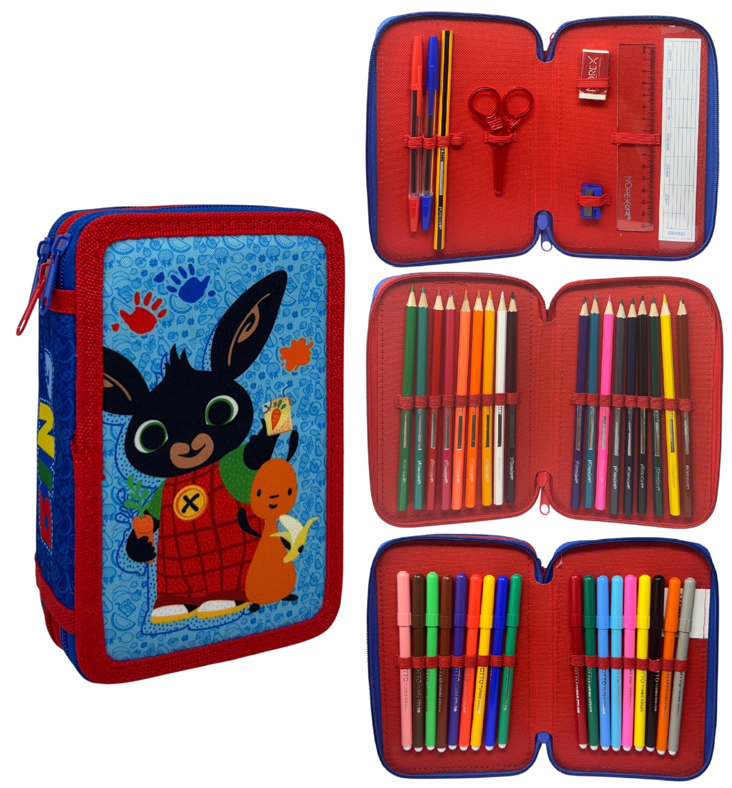 Cartoon School Case, Disney, Marvel, Mickey Mouse, Minnie Mouse, Frozen II, Avengers, Spiderman, Bing, 3 Zip, Multicompartment, Complete 44 Pieces, Giotto Colors, 20 x 13 x 6 cm, Multi-Colour, Bing