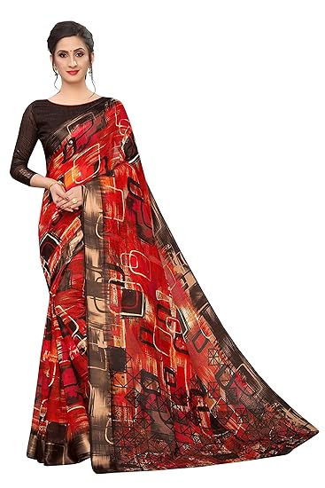 Womens Digital Linen Saree with Unstitched Blouse Piece (DigiSquare)