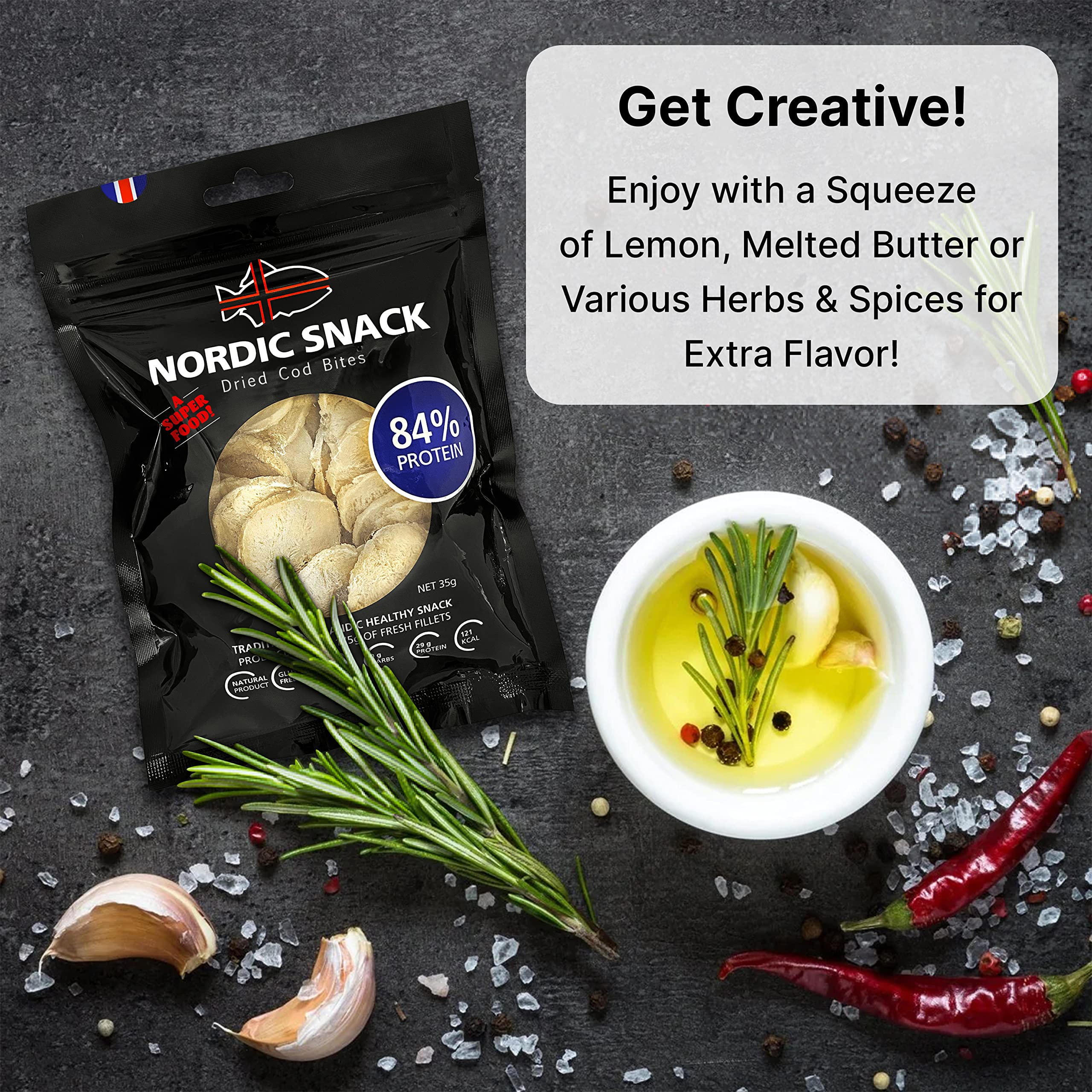 Nordic Catch Freeze Dried Cod Bites Seafood Snacks - Chips made from Wild Caught Icelandic Cod Fish - Healthy Dry Fish Snack, Rich in Omega 3 Fatty Acids, Protein Packed Keto Friendly Dried Fish Jerky - 35g Resealable Bag - 1pk