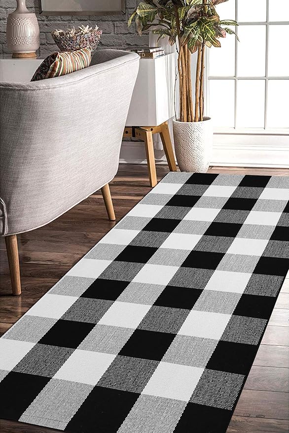 EARTHALL Cotton Buffalo Plaid Rugs HandWoven Buffalo Checkered Carpet Washable Kitchen Rugs and