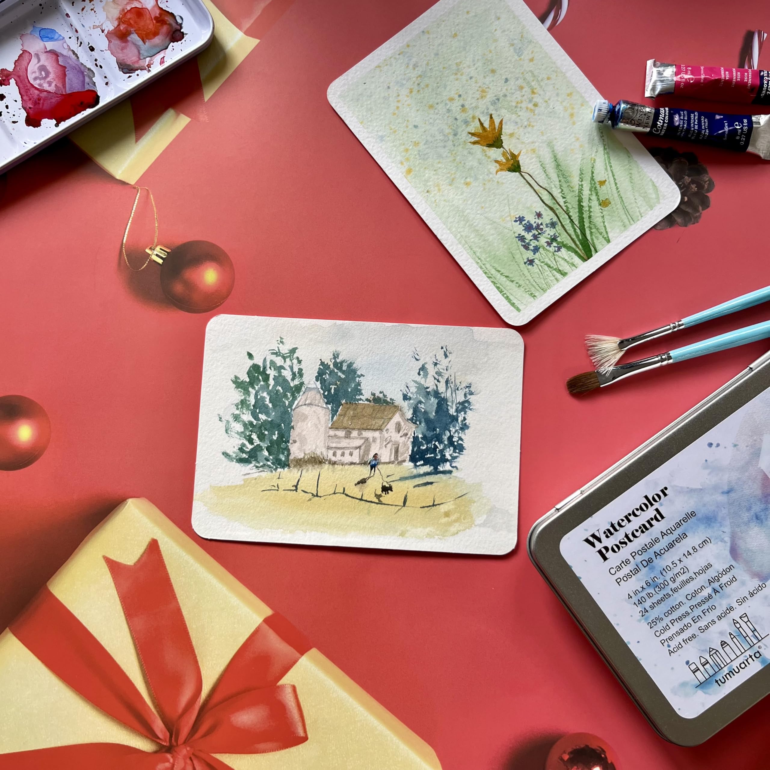 Watercolor Paper Postcards 4x6”, tumuarta Cotton Paper, 140 LB, 300 GSM, Cold Press, 24 Blank Cards for Dry & Wet Media Paint for Greeting Cards & Thank You Notes
