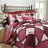 Cozy Line Home Fashions 100% Cotton True Patchwork Reversible Red Floral Paisley Rag Ruffle Farmhouse Quilt Bedding Set, Coverlet Bedspread (Rose Vintage, King - 3 Piece)