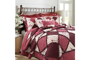 Cozy Line Home Fashions Burgundy Vintage Cottage Floral Rose Flower Real Patchwork 100% Cotton Bedding Quilt Set, Coverlet Bedspread (Red Lace, King - 3 Piece)