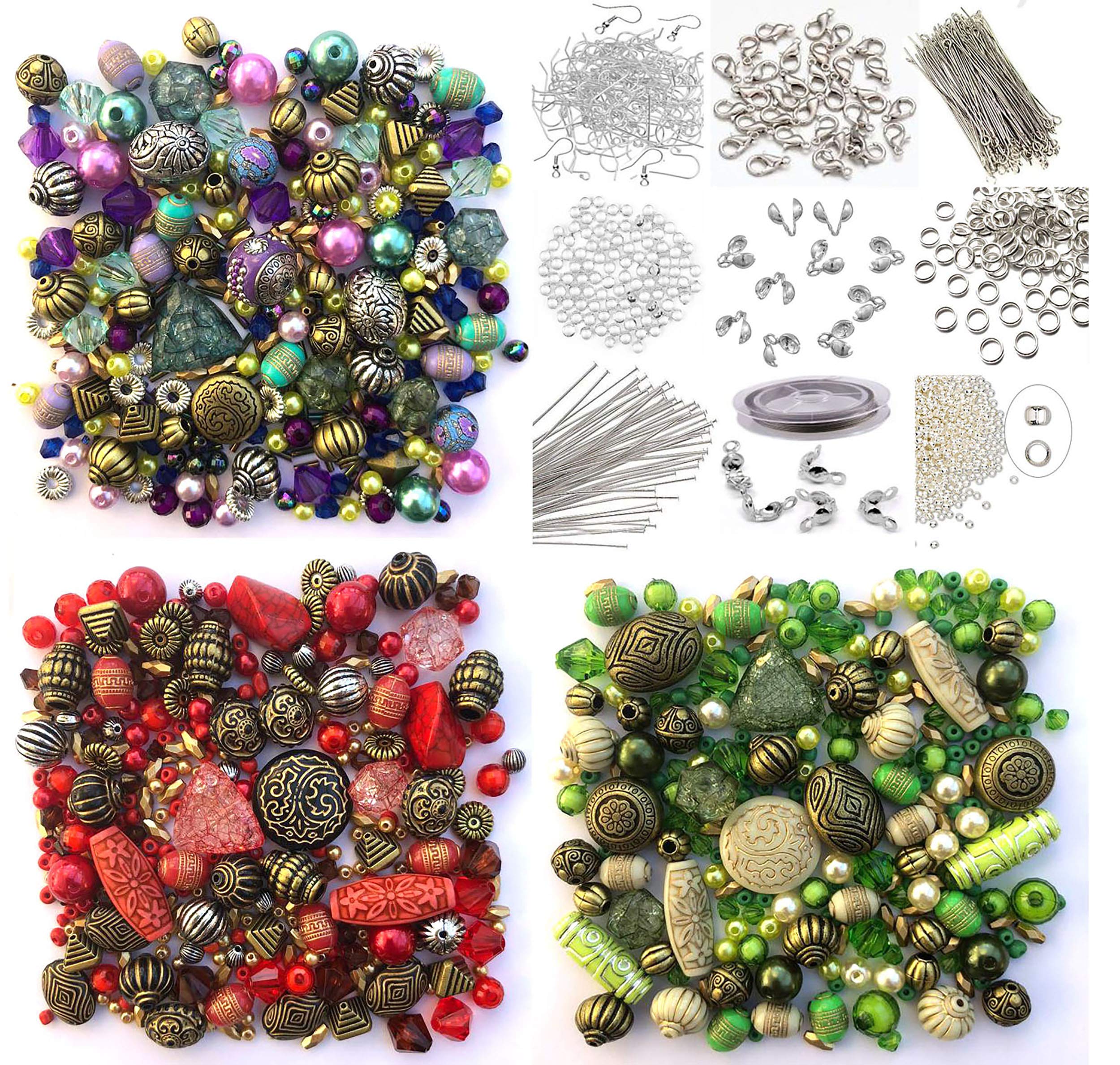 Approx 1200 Jewellery Beads Includes 3 x Sets of Green, Red & Purple Jewellery Making Mixed Beads & Silver Findings