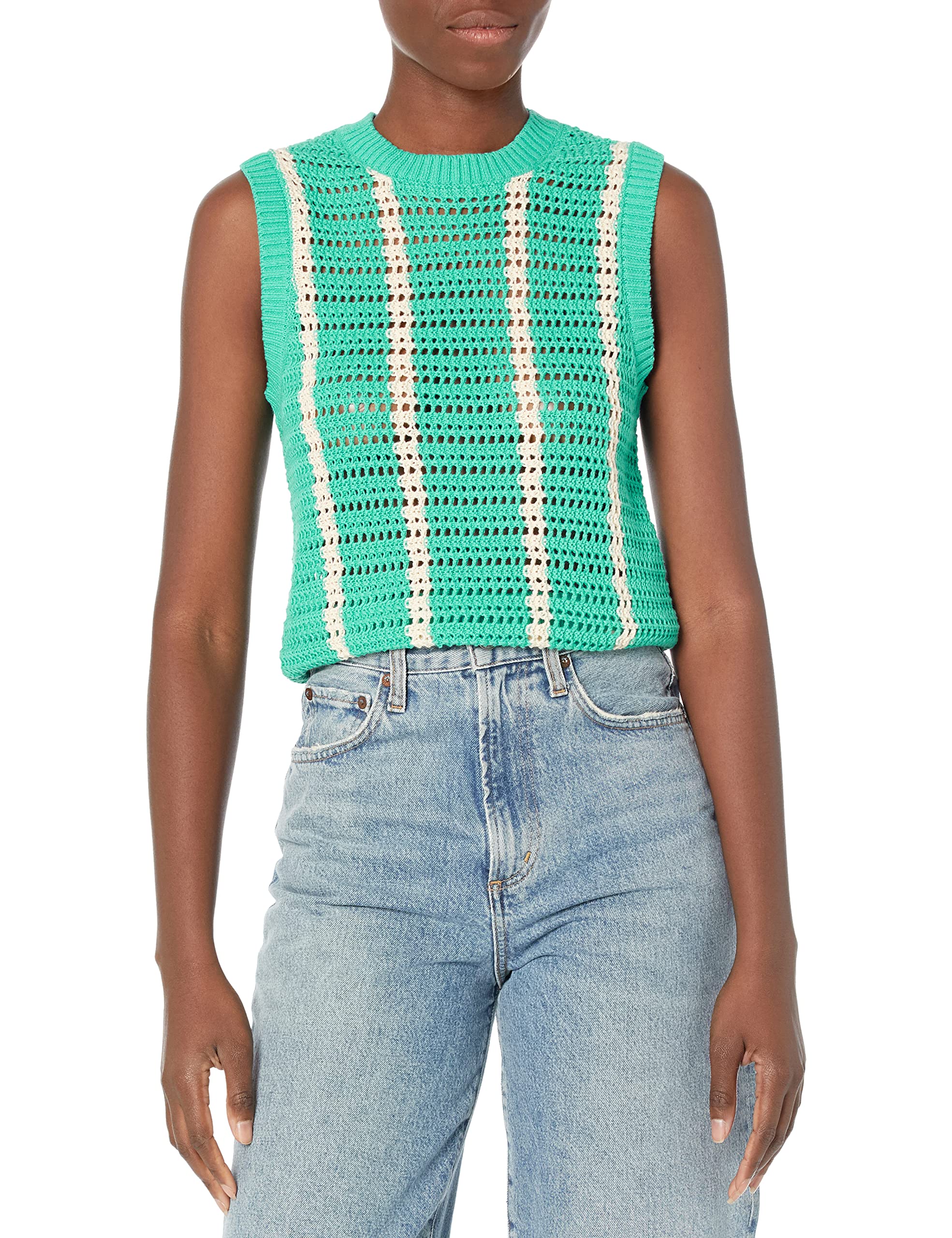 Photo 1 of **RUNS SMALL**Monrow Women's HT1202-Crochet Knit Crop Tank, Peacock Green, Extra Large