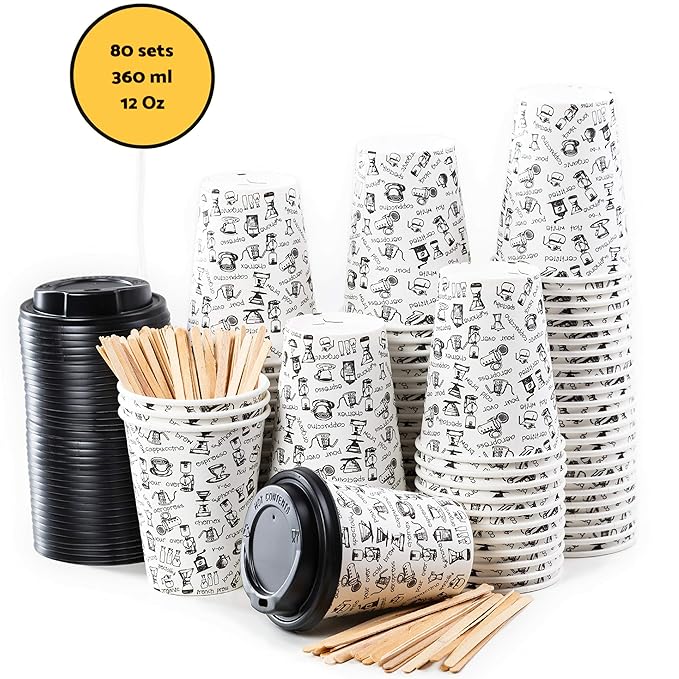 80 Pappbecher 360ml 12 Oz mit Deckel und Holz Rührstäbchen - Kaffeebecher To Go Zum Servieren von Kaffee, Tee, heißen und kal