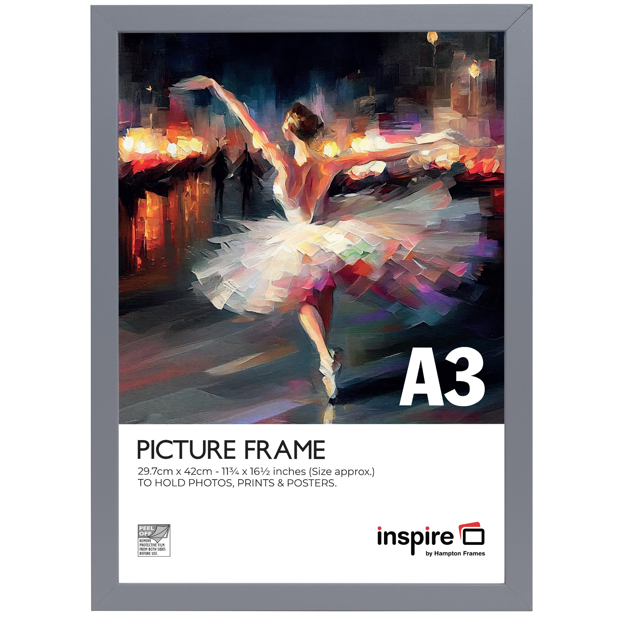 inspire by Hampton Frames | Poster Frame | A3 (29.7x42cm), Light Grey, Acrylic Front, Engineered Wood | Wall Mount, Drop-In Back, Landscape or Portrait | Modern Home Décor Display