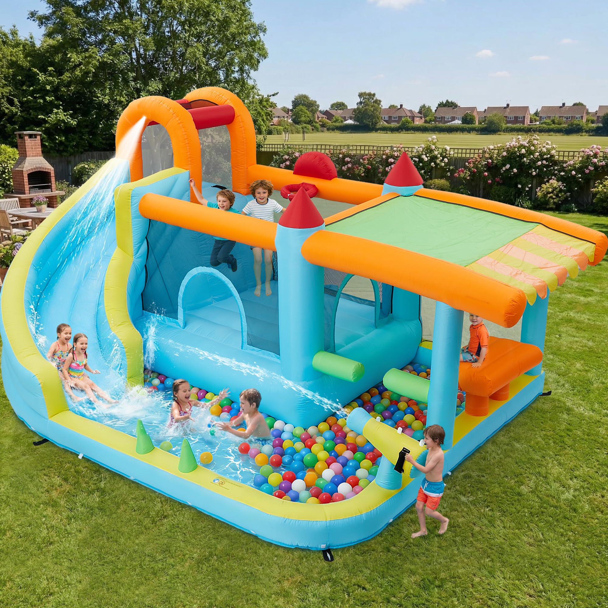 Photo 1 of Garvee Inflatable Bounce House for Kids,14ft x 10ft Indoor Outdoor Bounce Castle 12-in-1 with 450W Blower and Slide, Jump House for Backyard Party Family Gatherings