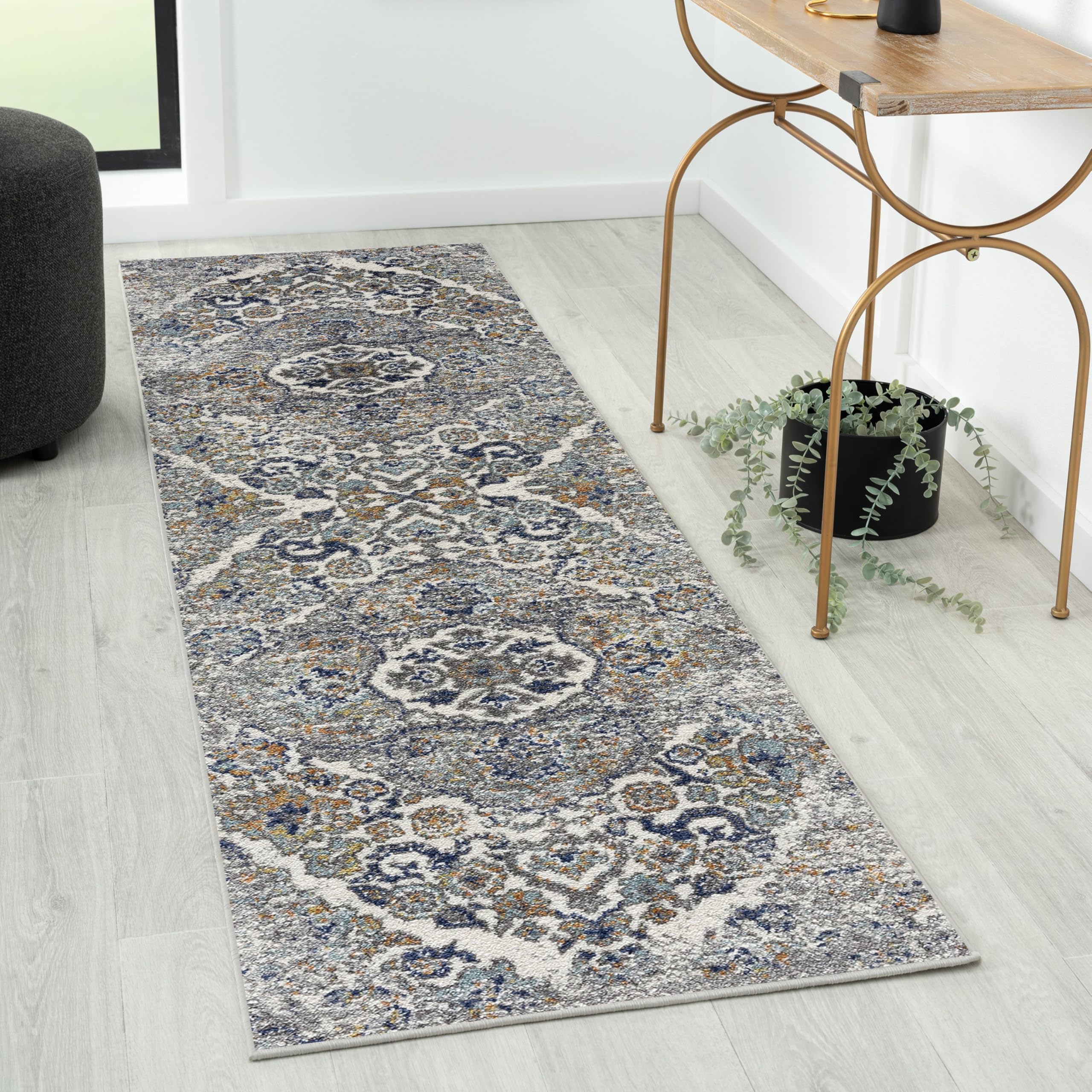 Luxe Weavers Distressed Floral Area Rug, Steel 2x7 Image