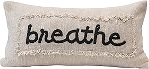 Creative Co-Op Embroidered Cotton Breathe with Eyelash Fringe, Cream & Charcoal Color Pillow