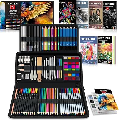 KALOUR 154PCS Art Supplies Sketching Drawing Kit with Sketchbook Tutorial Book