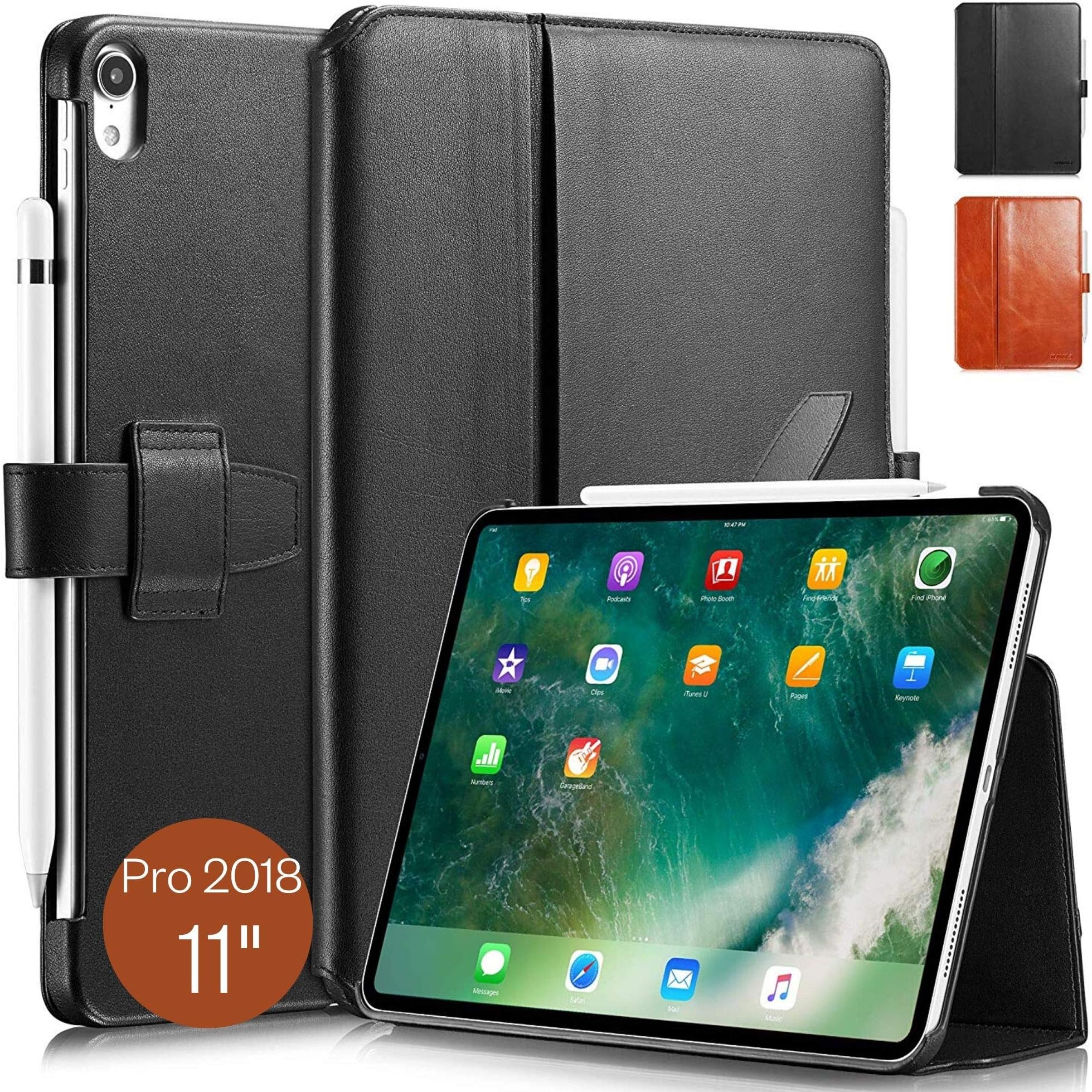 KAVAJ Case Leather Cover London Works with Apple iPad Pro 11" 2018 Black Genuine Cowhide Leather with Pencil Holder Supports Apple Pencil Slim Fit Smart Folio