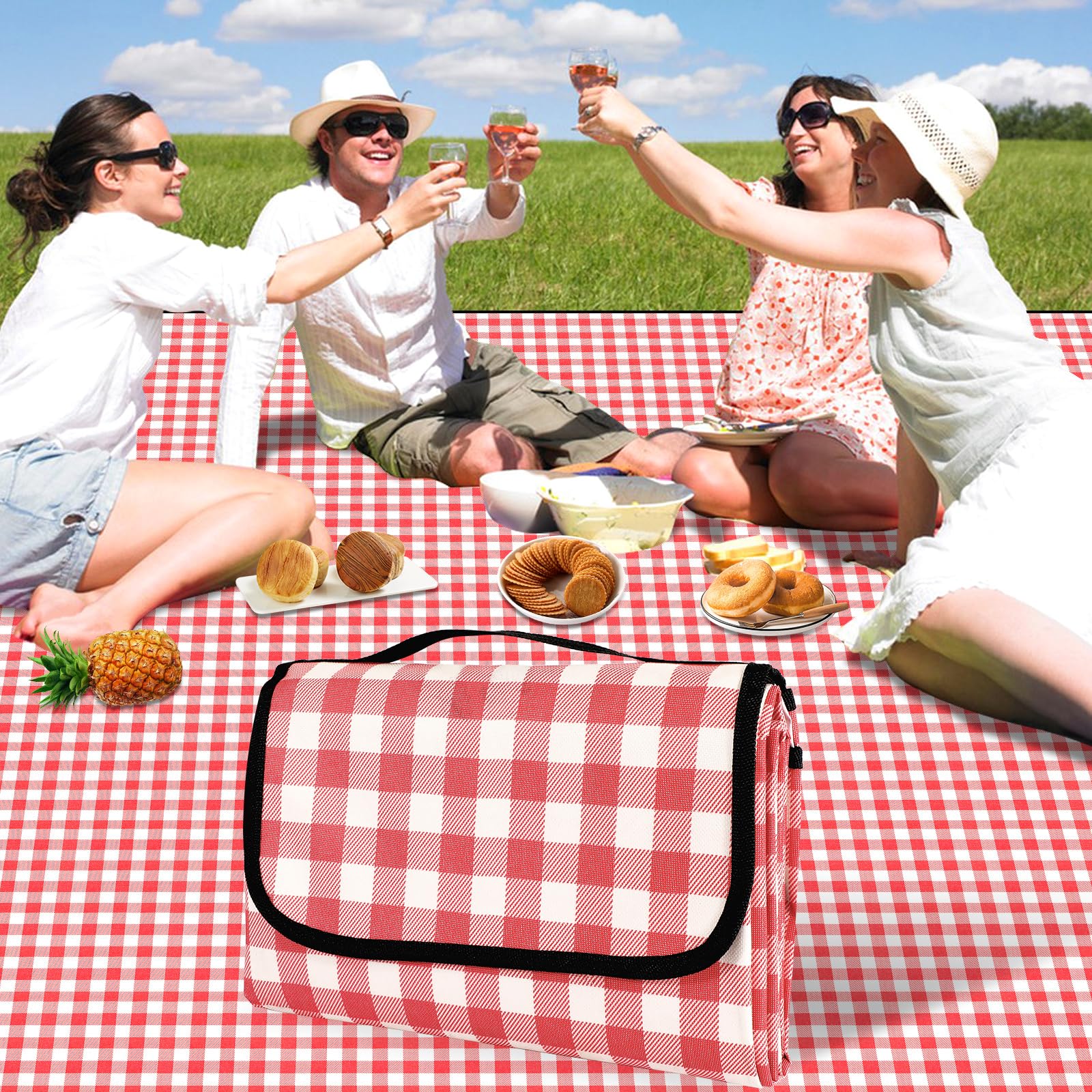 YAOMAISI Picnic Blanket, 200 x 200cm Large Beach Blanket,camping Blanket,with handle,waterproof bottom,machine washable,outdoor foldable hiking blanket soft and portable (Red Grid)