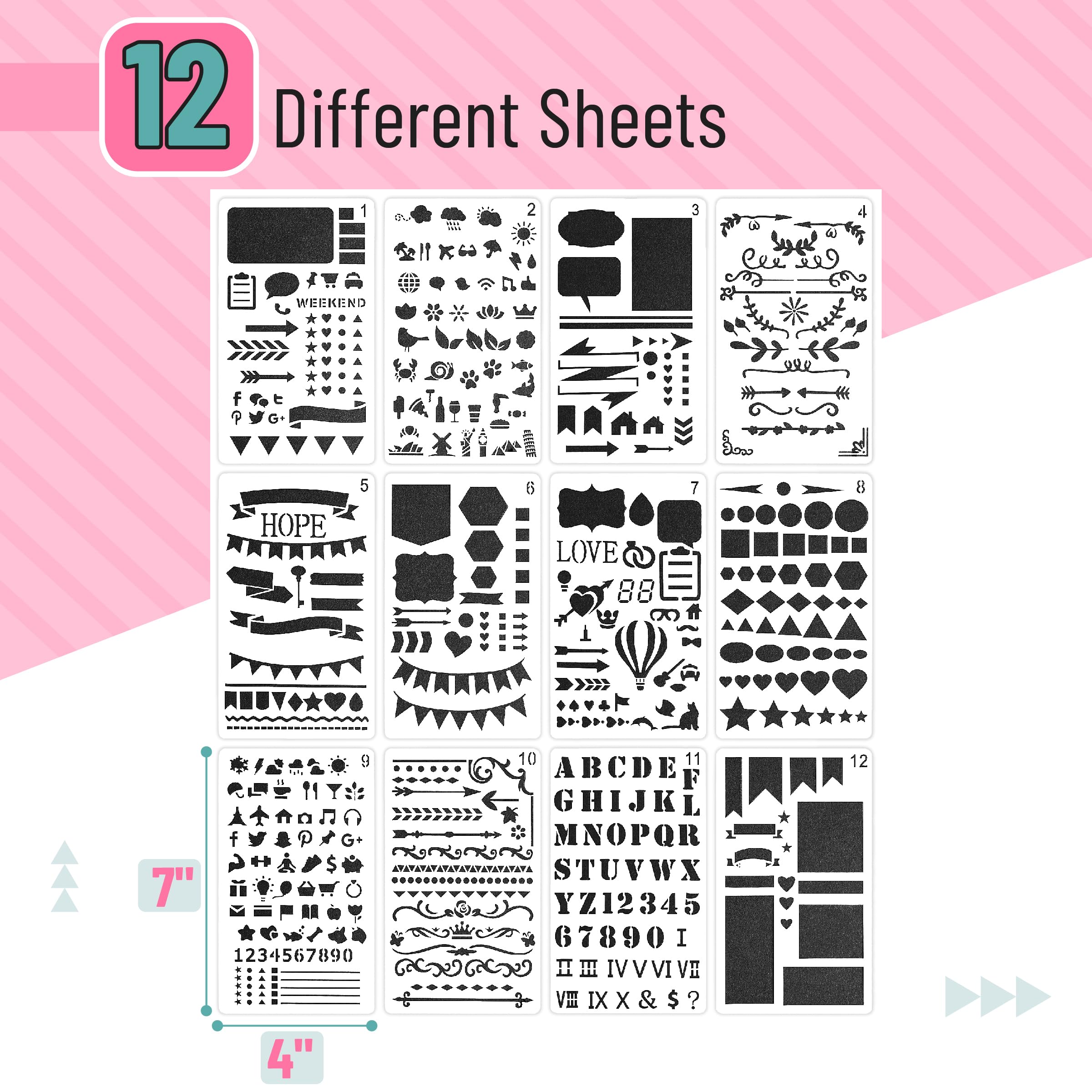 Mr. Pen- 12 Pack Journal Stencils, 4x7 Inch, Bullet Journaling Supplies, Stencil Set for Planners