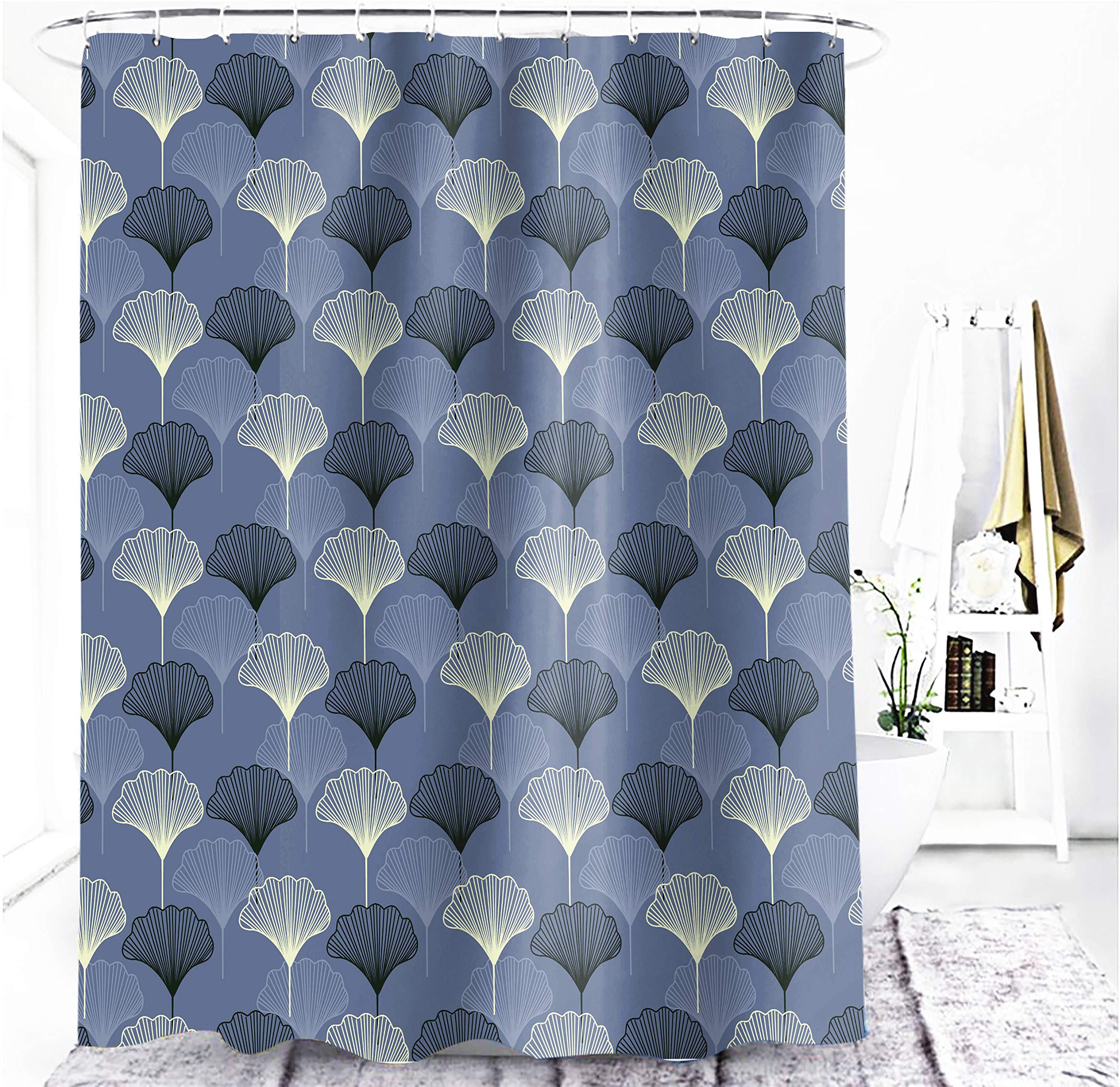 M&W DasDesign Shower Curtain Grey Blue Ginkgo Leaf Plants Bathroom Textile Curtain with Anti-Mould Effect Washable Shower Curtain Including 12 C-Rings with Bottom Weight 180 x 200 cm (W x H)