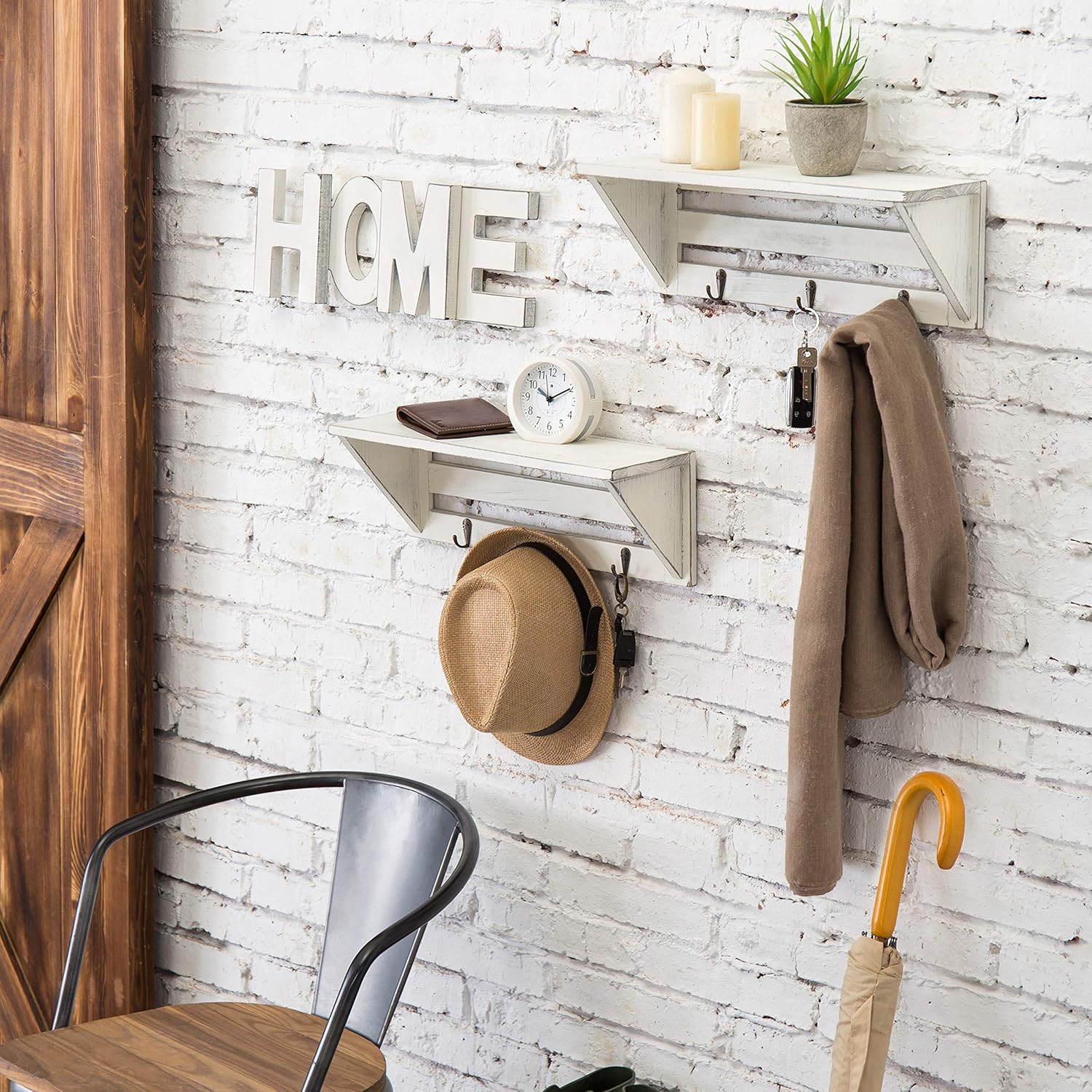 MyGift Set of 2 Vintage White Wood 16Inch Wall Shelves with Key Hooks