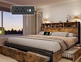 EnHomee King Size Bed Frame with 6 Storage Drawers King Bed Frame and Headboard, Storage Bed with Charging Station, No Noise,No Box Springs Needed,Vintage Brown