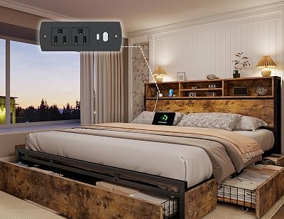 EnHomee King Size Bed Frame with 6 Storage Drawers King Bed Frame and Headboard, Storage Bed with Charging Station, No Noise,No Box Springs Needed,Vintage Brown