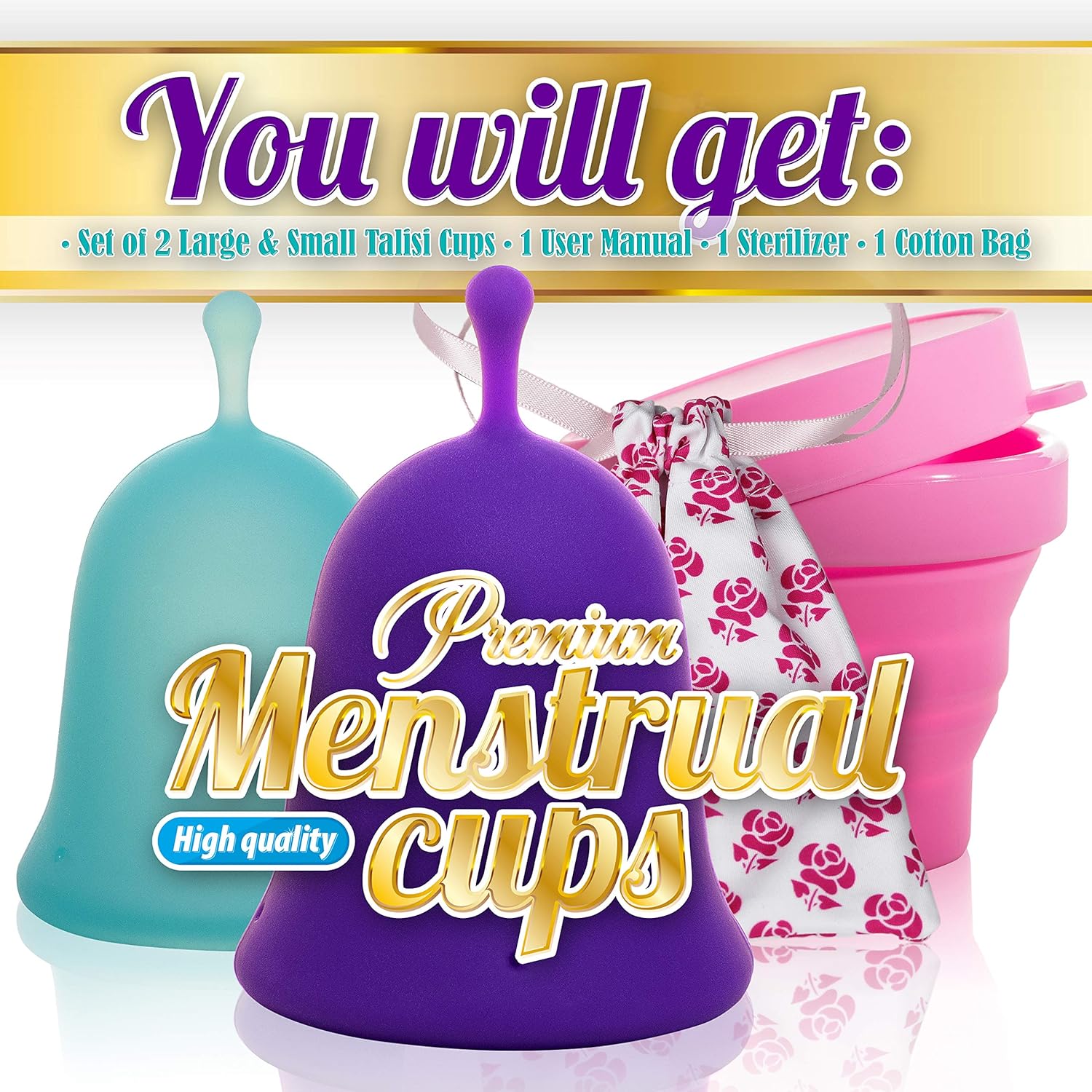 Talisi Reusable Menstrual Cups with Collapsible Silicone Foldable Sterilizing Cup Set of 3 Small Large Sizes Silicone Soft Cups with Sterilizer Feminine Hygiene Period Cup Tampon and Pad Alternative: Health & Personal Care