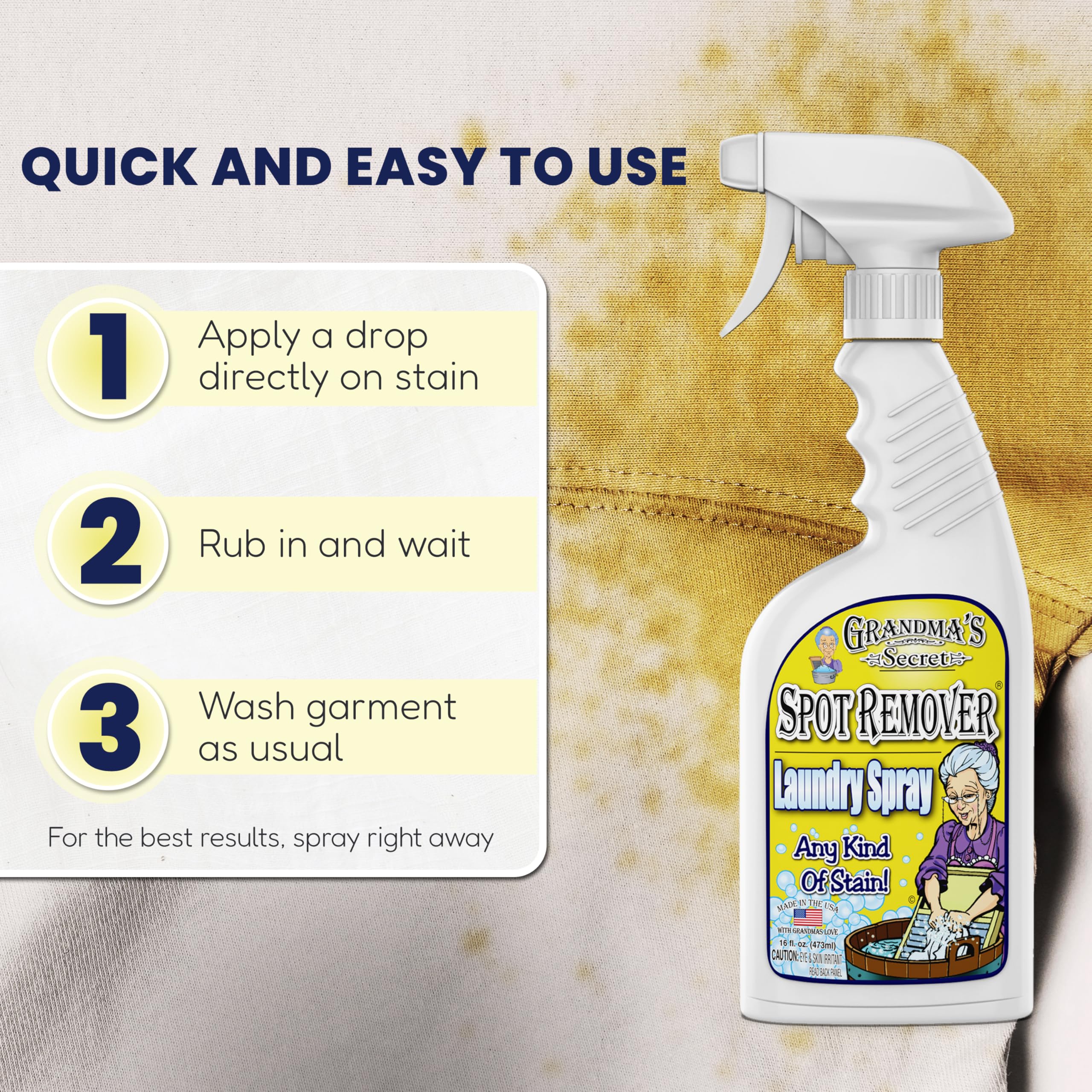 Grandma's Secret Spot Remover Laundry Spray - Chlorine, Bleach and Toxin-Free Fabric Stain Remover for Clothes - Removes Oil, Paint, Blood and Pet Stains - 16 Oz, 2 Pack