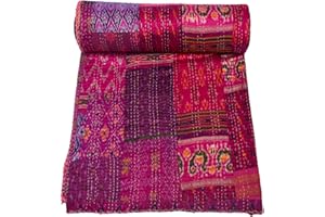 Marubhumi Indian Handmade Quilt Indian Silk Sari Kantha Quilted Patchwork (Pink, Twin (60"x 90"))