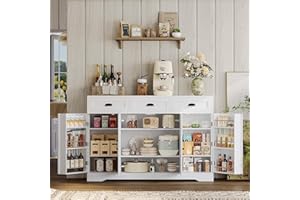 IRONCK Buffet Cabinet with Storage, Sideboards with 4 Doors, Kitchen Storage Cabinet with 6 Adjustable Shelves, Modern Coffee Bar with 3 Drawers, White