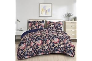 ESCA Winona Blue Floral Bedspread Set King Size 3-Piece Reversible Navy Quilt Set
