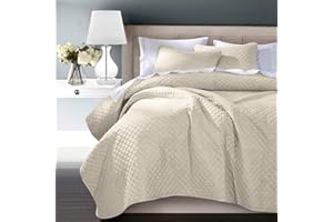 H HIEND ACCENTS Indigo Hill by HiEnd Accents Anna Diamond Quilted Coverlet, Super Queen Size, Light Tan Solid Color, Rustic Traditional Farmhouse Style Luxury Bedding, Soft Lightweight Bed Cover