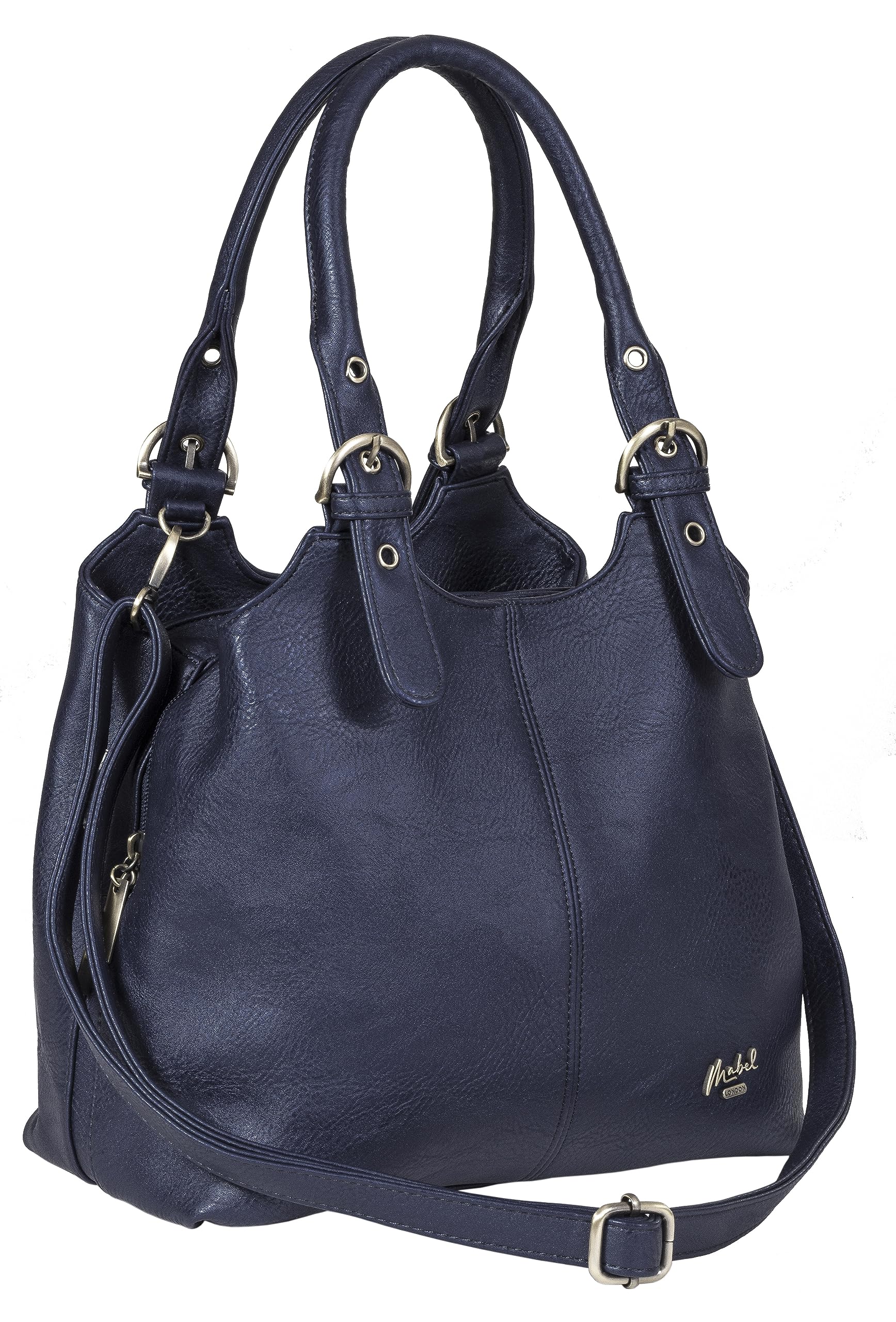 Mabel London Womens Multiple Pockets Handbag - Medium Size Multi Compartments Bag with a Long Shoulder Strap - AMELIA (Navy)