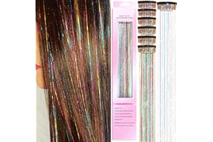 Clip in Hair Tinsel Kit, 6Pcs 20Inch Heat Resistant Glitter Fairy Hair Tinsel Clip in Extensions, Shiny Sparkle Hair Accessor