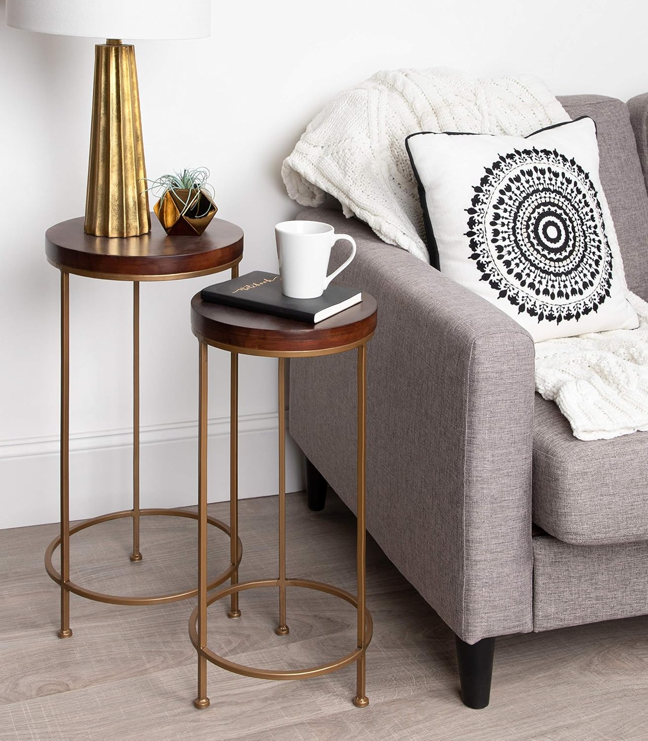 Kate and Laurel Espada Metal and Wood Nesting Tables 2 Piece Set, Walnut Top with Gold Base: Kitchen & Dining