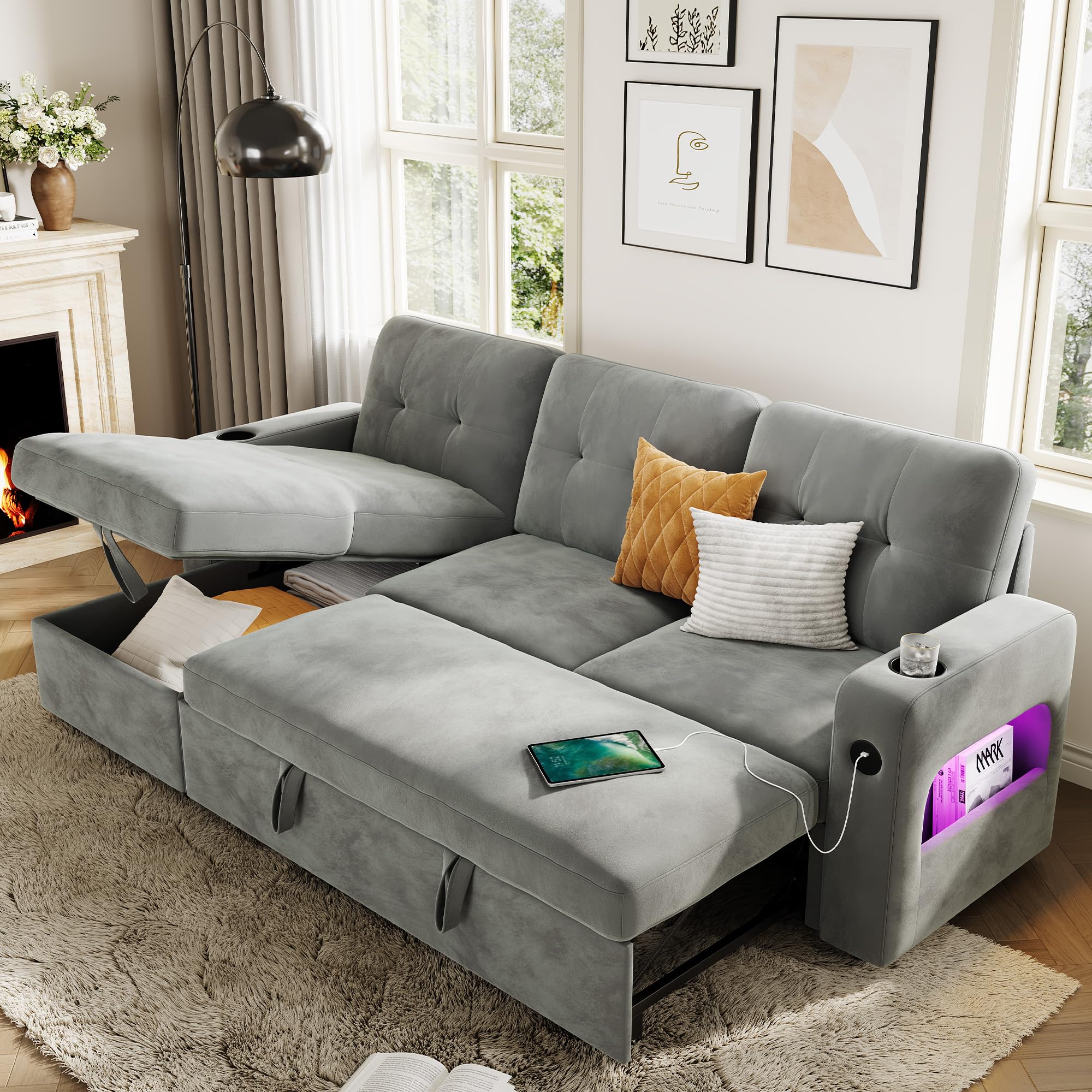 Photo 1 of **only to parts, missing a lot pieces, incomplete***IDEALHOUSE 84" Sleeper Sofa with Storage & Charging Station, Convertible Sectional Couch Bed with LED Lights, Reversible Chaise, Pull Out Sofa Bed for Living Room Apartment, Velvet, Light Grey