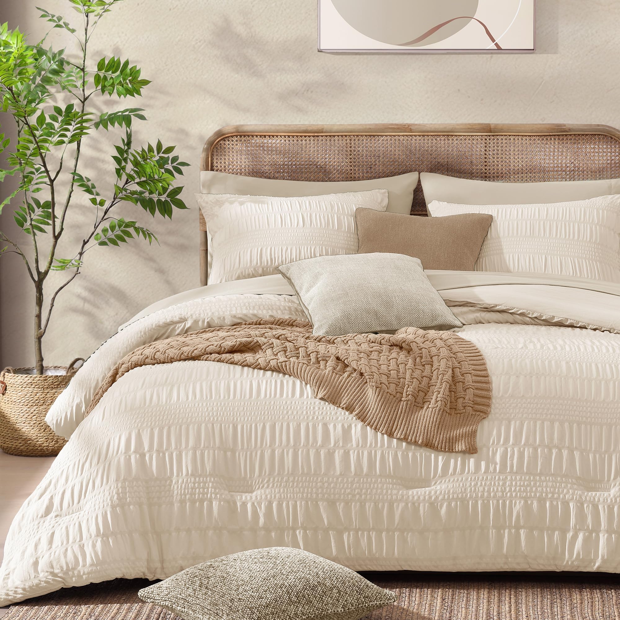 Photo 1 of CASAAGUSTO Queen Comforter Set, 7 Pieces Beige Seersucker Bed in a Bag Queen Size Soft All Seasons, Bedding Sets with Comforter, Flat Sheet, Fitted Sheet, 2 Pillow Shams, 2 Pillowcases
