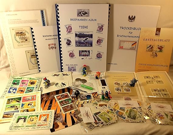 Boemaus500 Briefmarkenset für Kinder, Thema: Tiere , mit Trockenbuch,Pinzette und Lupe (XXXX-Large)