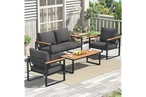 COMLAX FIELD Patio Furniture Set, 4 Pieces Outdoor Patio Furniture with Coffee Table Set, Metal Patio Conversation Sets with Washable and High-Resiliency Sponge Cushions,Upgarded Grey
