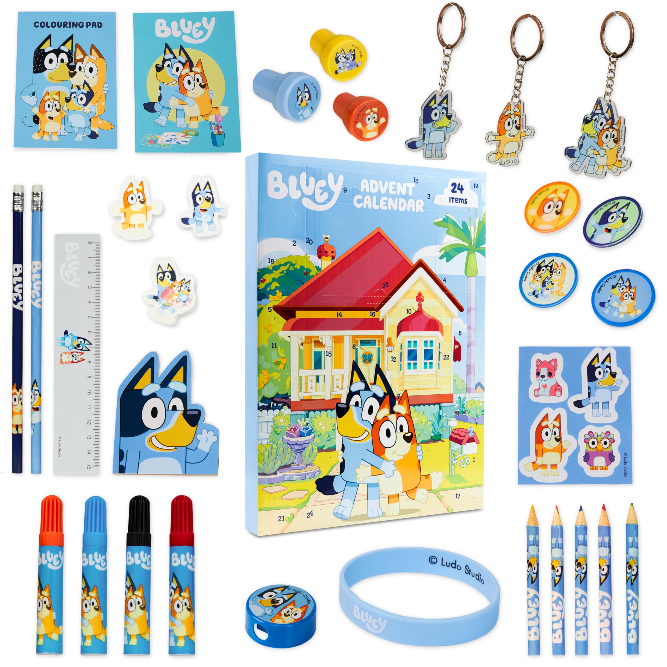 Bluey Advent Calendar 2025 Stationery and Accessories Christmas Countdown Calendar with Colouring Pencils Markers Keyring Bracelet Stamps