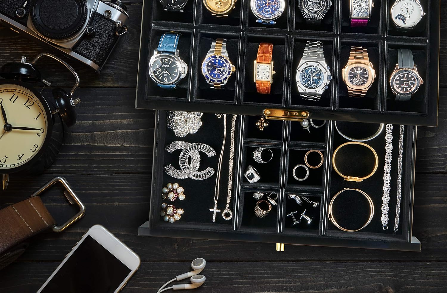 HAWK & GABLE Pearson Valet Watch Display Case with Jewelry and Accessories Valet | Premium Jewelry and Watch Box with Drawer, Glass Lid, and Lock | Black Piano Finish: Home Improvement