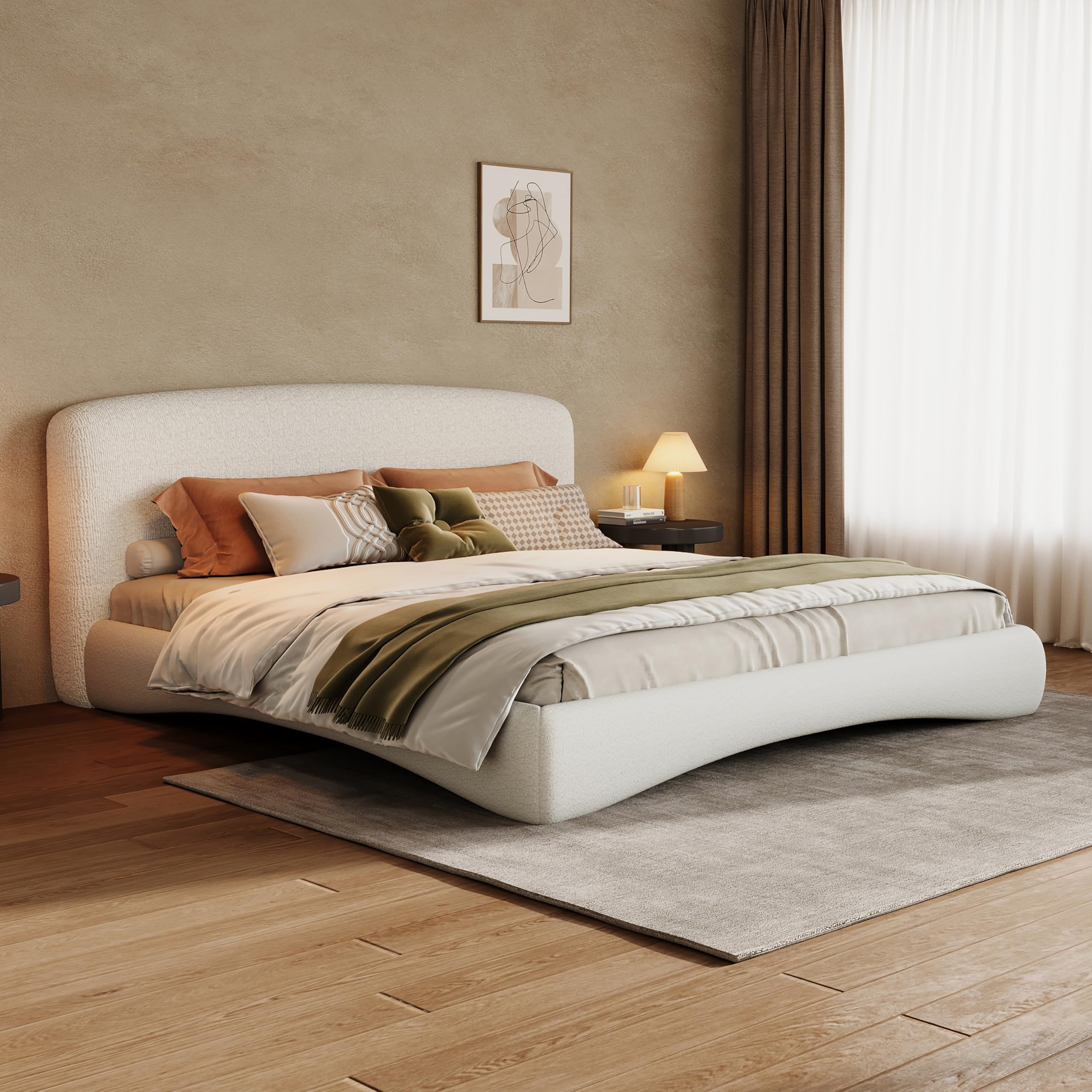 Photo 1 of ***UPDATED 5/3*** Merax King Size Curved Upholstered Platform Bed with Smart RGB Ambient Lighting, Cream Boucle Fabric Headboard, High Weight Capacity, Modern Bedroom Furniture, Cream