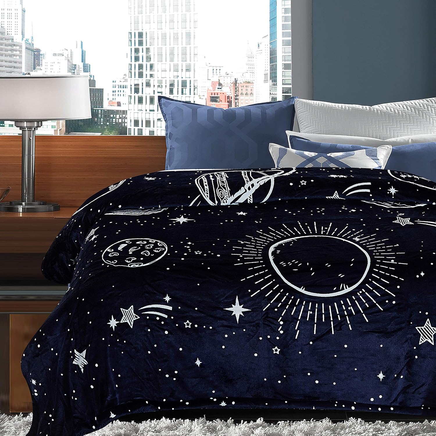 Chanasya Solar System Galaxy Star Space Print Gift Throw Blanket- Featuring Nine Planets Orbiting The Sun Including Pluto Reversible for Bed Couch Birthday (Queen) Navy
