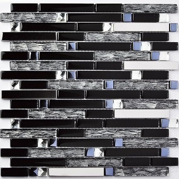Black Glass Tile Interlocking Diamond Kitchen Backsplash Silk Stainless Steel Chrome Mosaics