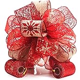 CT CRAFT LLC Red Snowflake Christmas Tree Topper Bow 11" with 4 Ribbon Streamers x 3 Yards Long Each for Holidy Elegant Fancy Home Décor Indoor