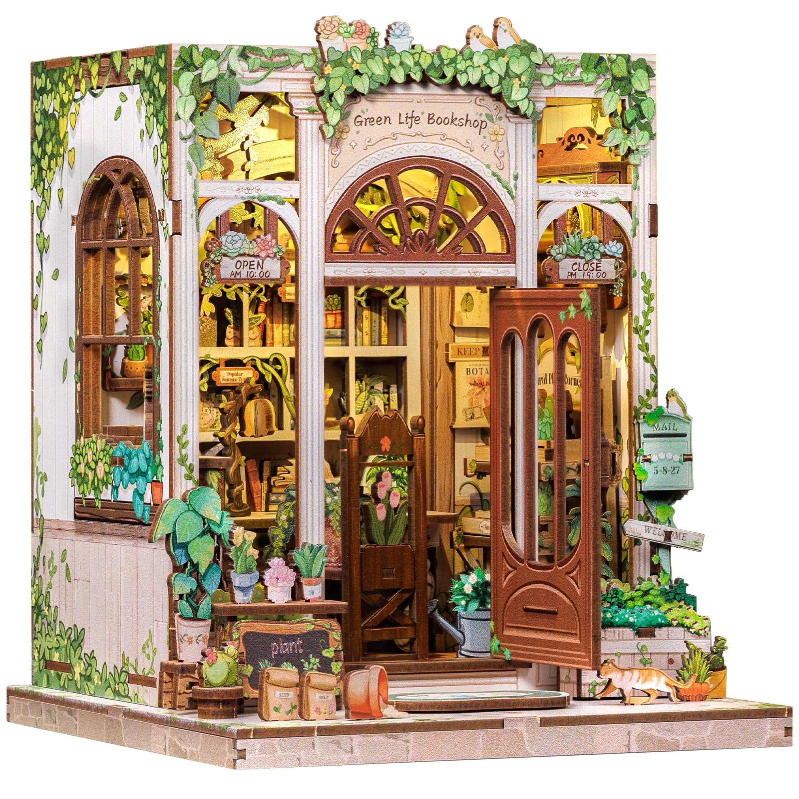 CUTEBEE DIY Book Nook Kit for Adults - 3D Wooden Dollhouse Diorama Model Building Craft, Miniture Bookshelf Decor Puzzle Gift for Women/Men (Green Life Bookshop)