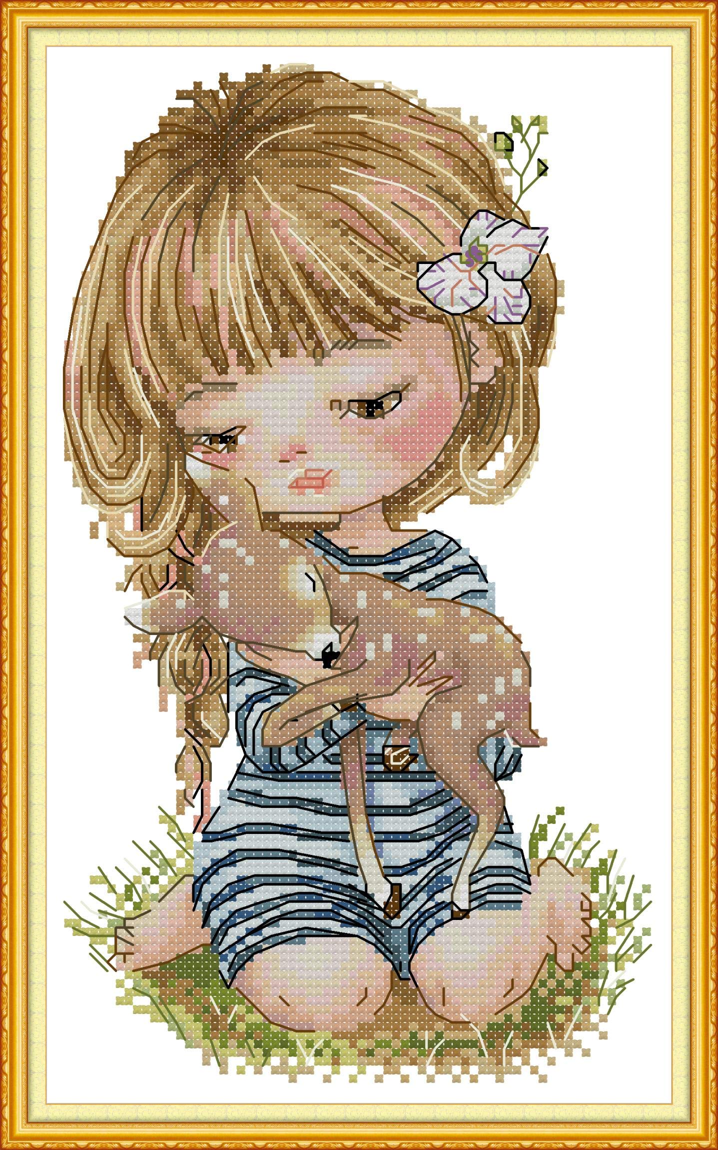 OWN4B Cross Stitch Kits Stamped, Girl Holding a Fawn Printed Pattern 11CT 9.1x14.6 inch DIY Embroidery Kit
