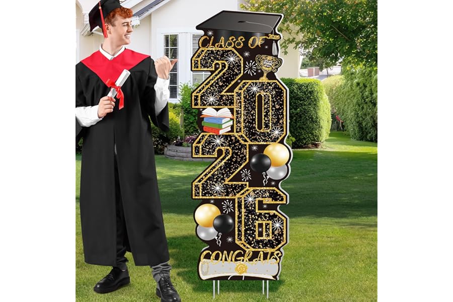 4 Pcs Graduation Yard Signs Class of 2026, Large Black Gold Congrats Grad Sign with Stakes, Grad Yard Signs 2026 for College High School Graduation Decorations Backdrop Outdoor Indoor Decor Supplies