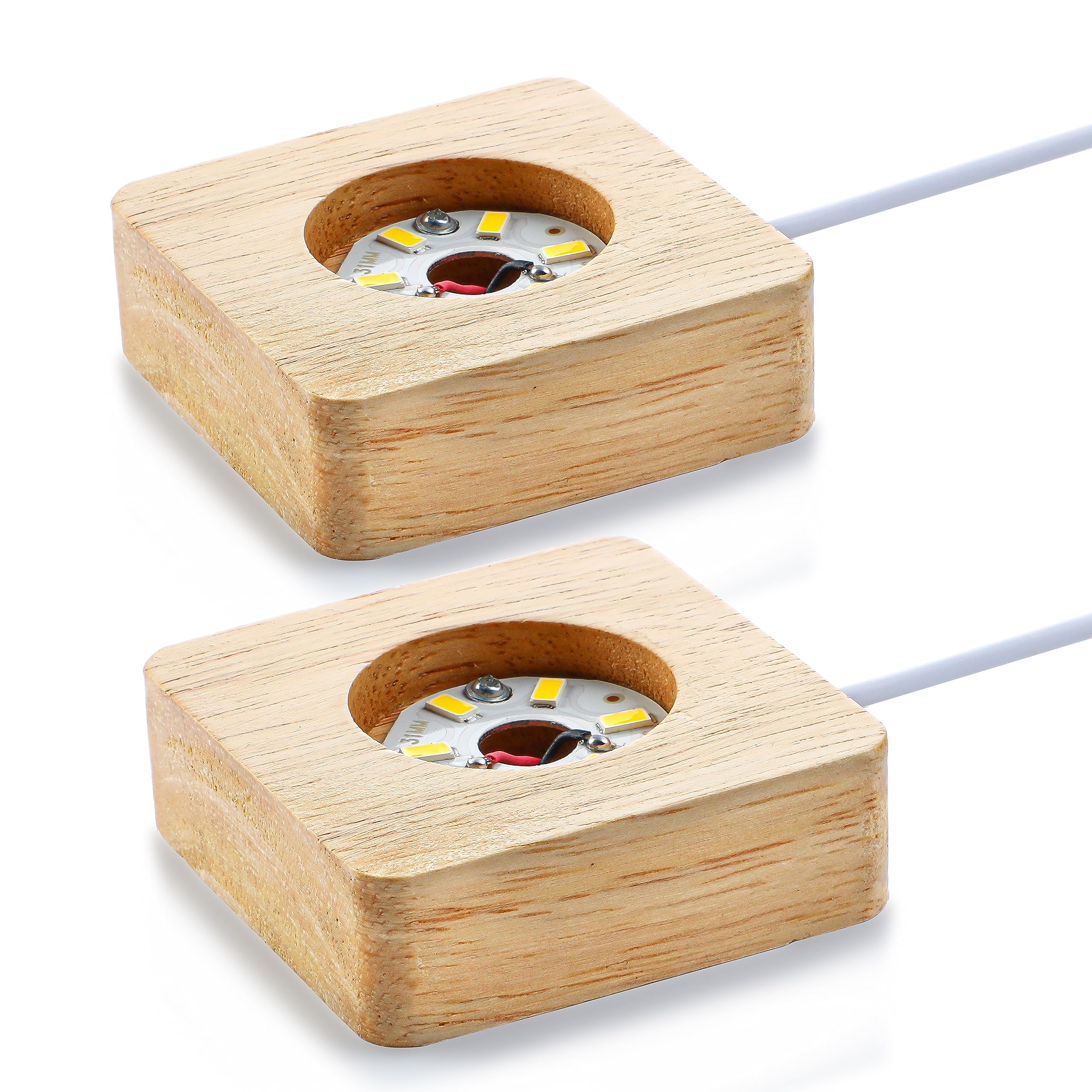 ZEERSHEE Pack 2 Wooden LED Display Base Crystal Glass Light Base Stand for 3D Crystal Laser Glass Resin Art Warm Light Square USB