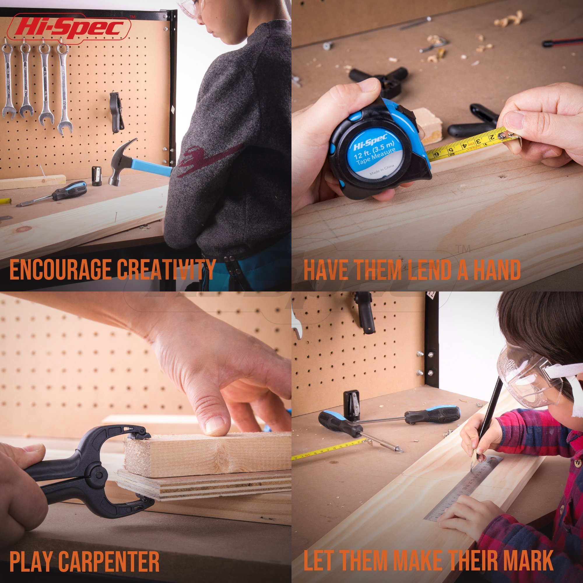 Hi-Spec 12 Piece Young Builder’s Tool Set & Tool Belt with REAL Hand Tools, Accessories, Eye Protection & Tool Pouch (Waists 27”+) for Home DIY, Carpentry and Woodworking Projects (Blue) - Great Gift